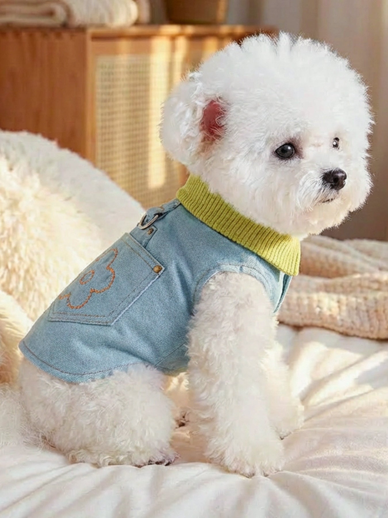 Floral Embroidered Denim-Style Pet Top – Structured Polyester Shirt with Pocket for Dogs & Cats – view 2