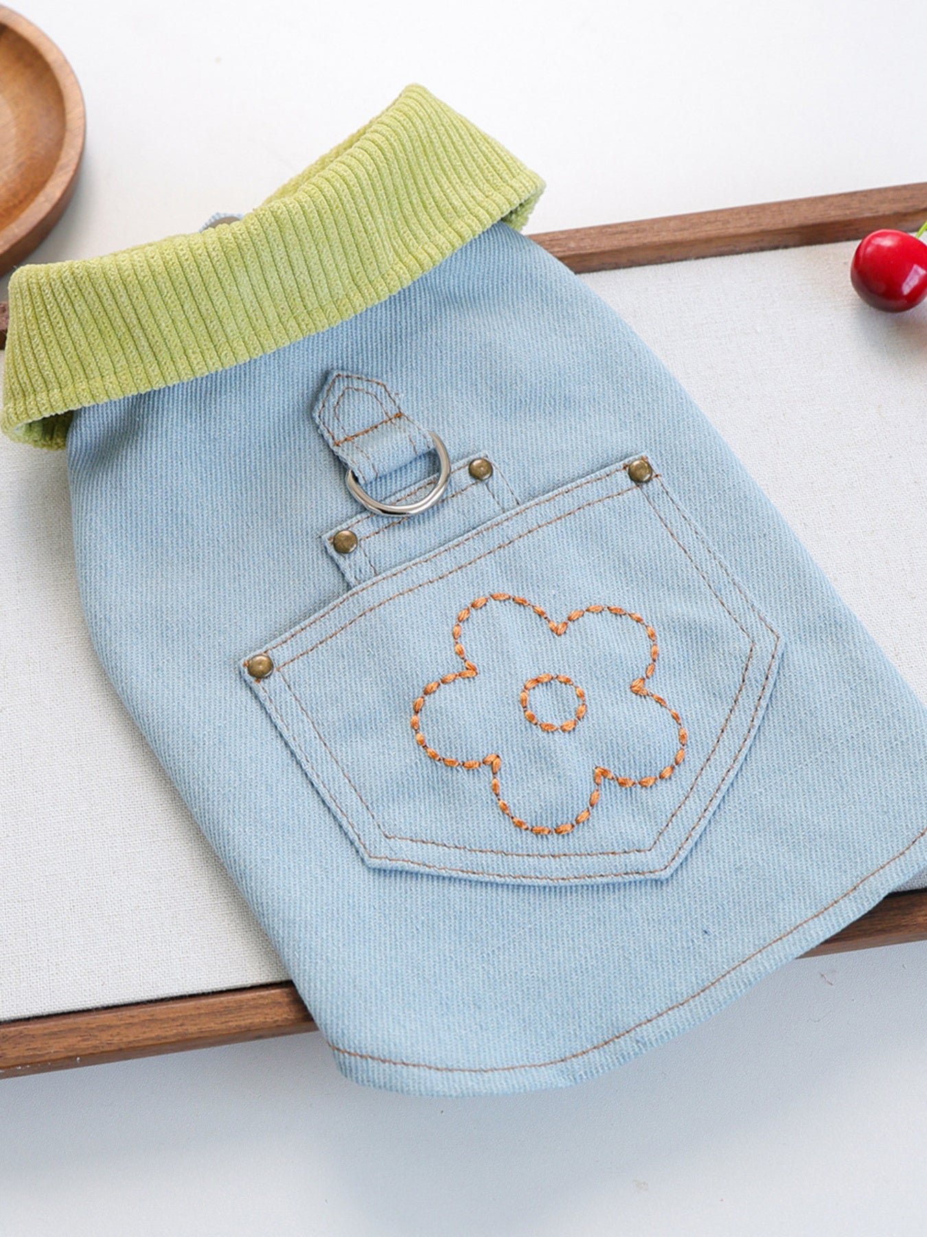 Floral Embroidered Denim-Style Pet Top – Structured Polyester Shirt with Pocket for Dogs & Cats – view 3