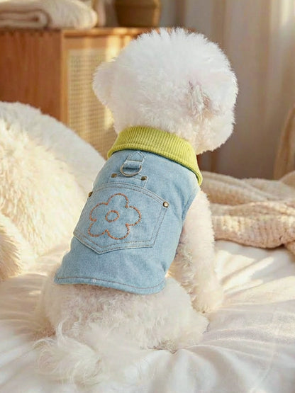 Light blue floral embroidered denim-style pet top with pocket for dogs and cats