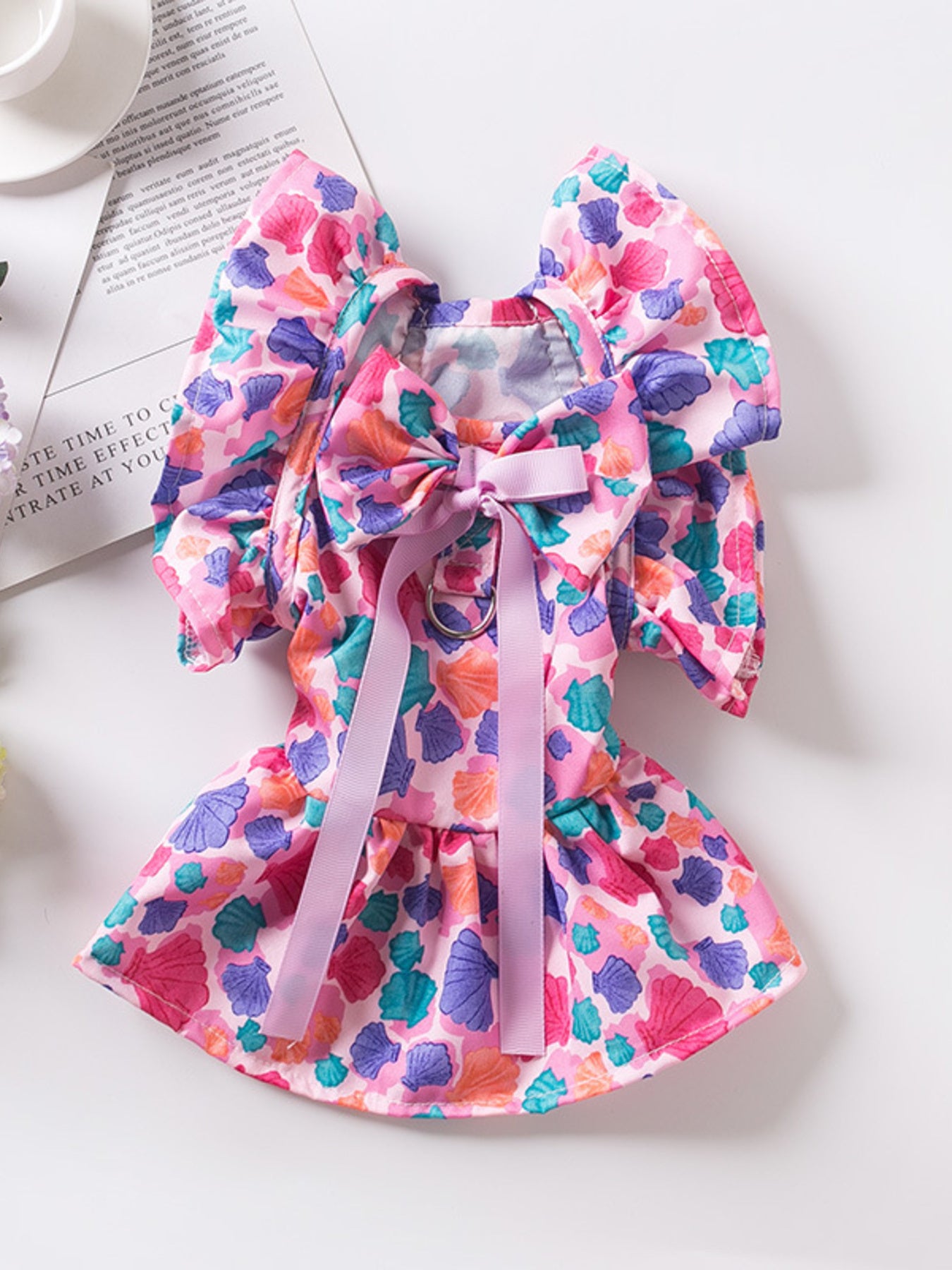Floral print bow-accent ruffled pet party dress for dogs and cats