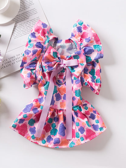 Floral print bow-accent ruffled pet party dress for dogs and cats