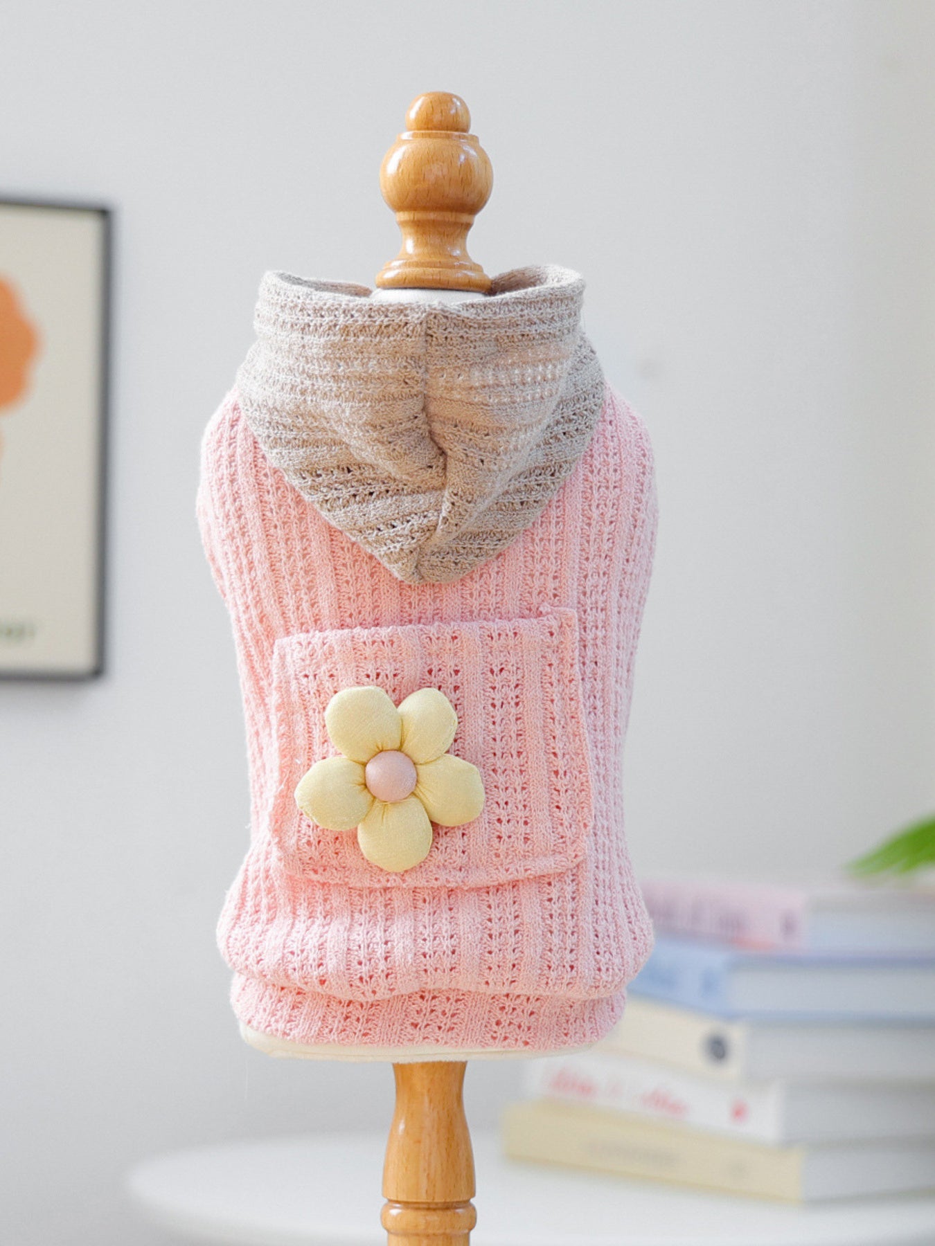 Flower Applique Knitted Pet Hoodie – Openwork Dog & Cat Hooded Sweater – view 6