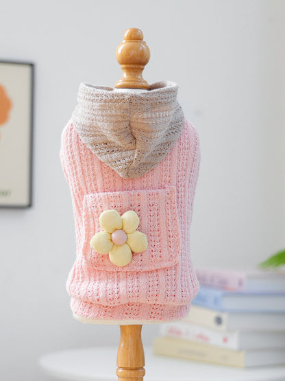 Flower Applique Knitted Pet Hoodie – Openwork Dog & Cat Hooded Sweater – view 6