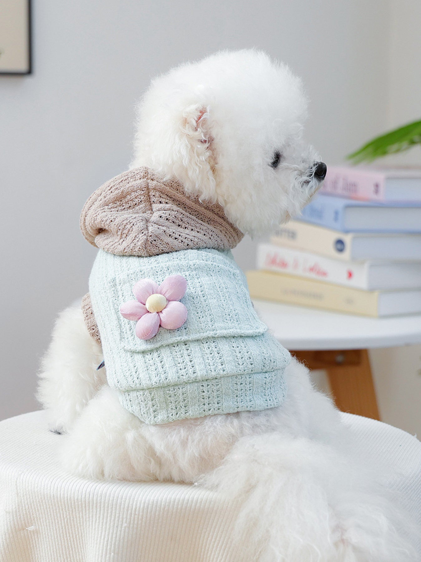 Flower Applique Knitted Pet Hoodie – Openwork Dog & Cat Hooded Sweater – view 8