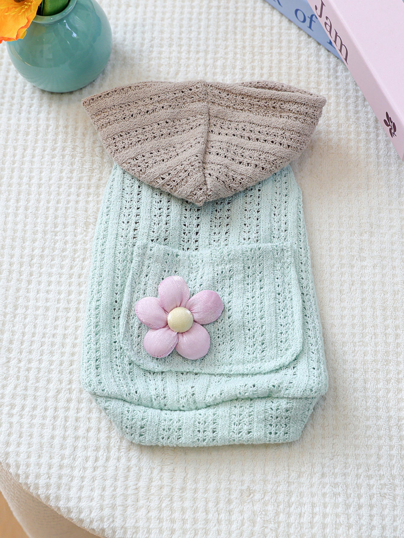 Flower Applique Knitted Pet Hoodie – Openwork Dog & Cat Hooded Sweater – view 9