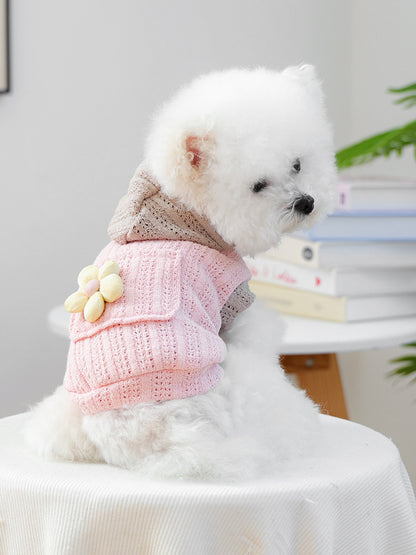 Flower applique knitted pet hoodie, openwork hooded sweater for dogs and cats