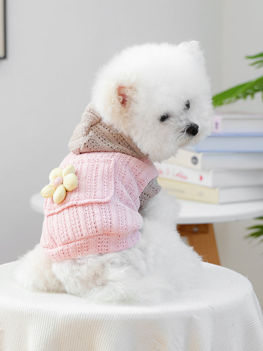 Flower applique knitted pet hoodie, openwork hooded sweater for dogs and cats