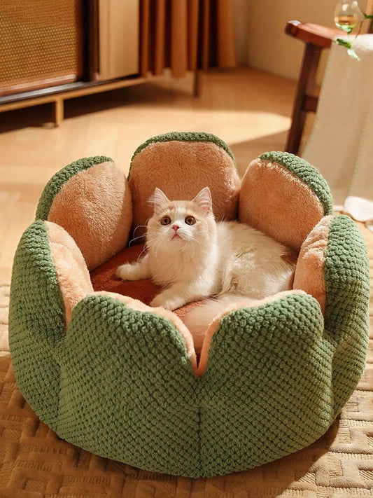 Flower petal plush cozy round pet nest bed for cats and small dogs