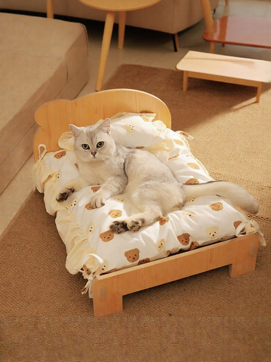 Foldable wooden elevated raised pet bed for dogs and cats