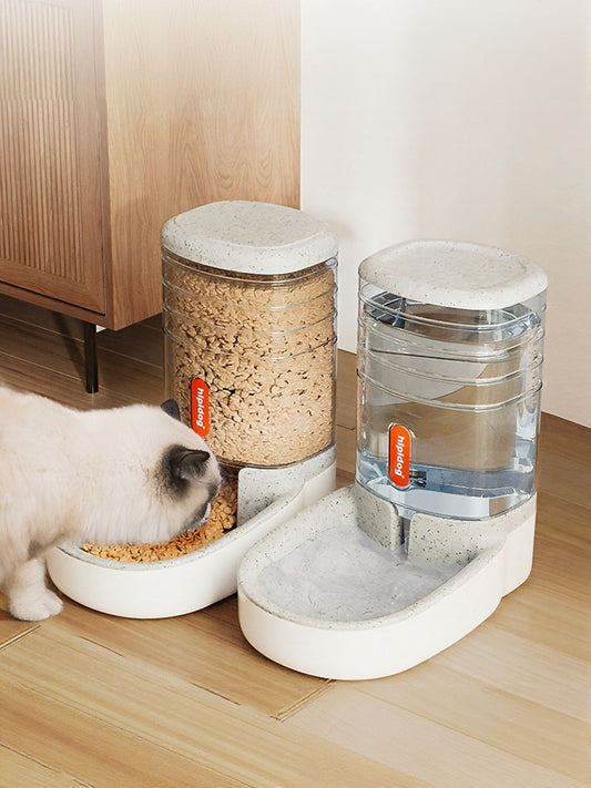 Gravity-fed pet food and water dispenser set for dogs and cats