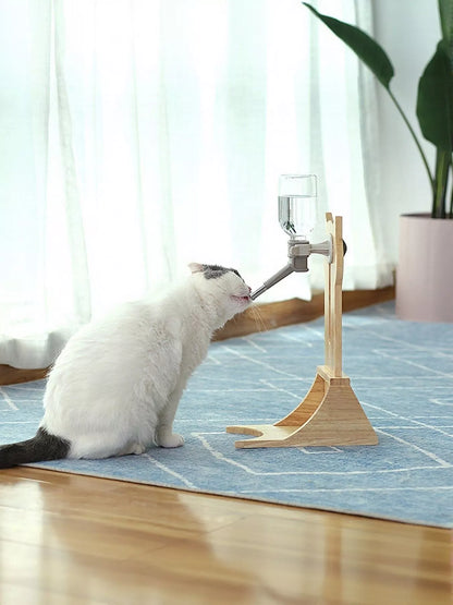 Gravity-fed wooden pet water dispenser for dogs and cats