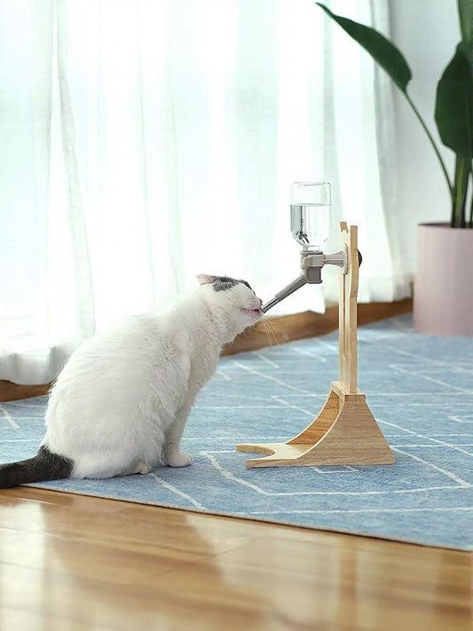 Gravity-fed wooden pet water dispenser for dogs and cats