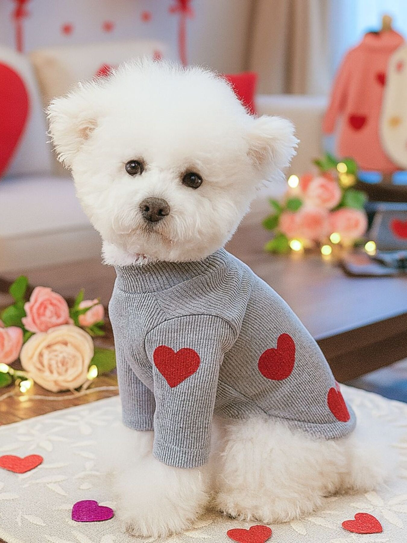 Heart pattern pet sweater, cozy Valentine knit for dogs and cats