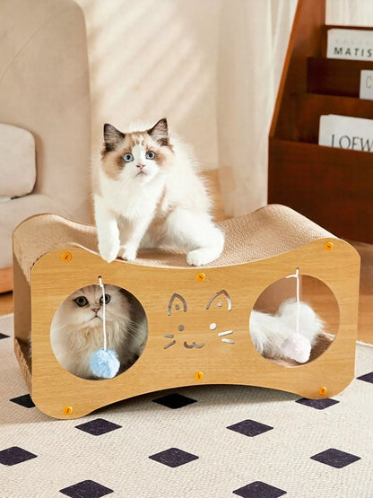 Interactive cat scratcher lounge bed with toy balls for cats
