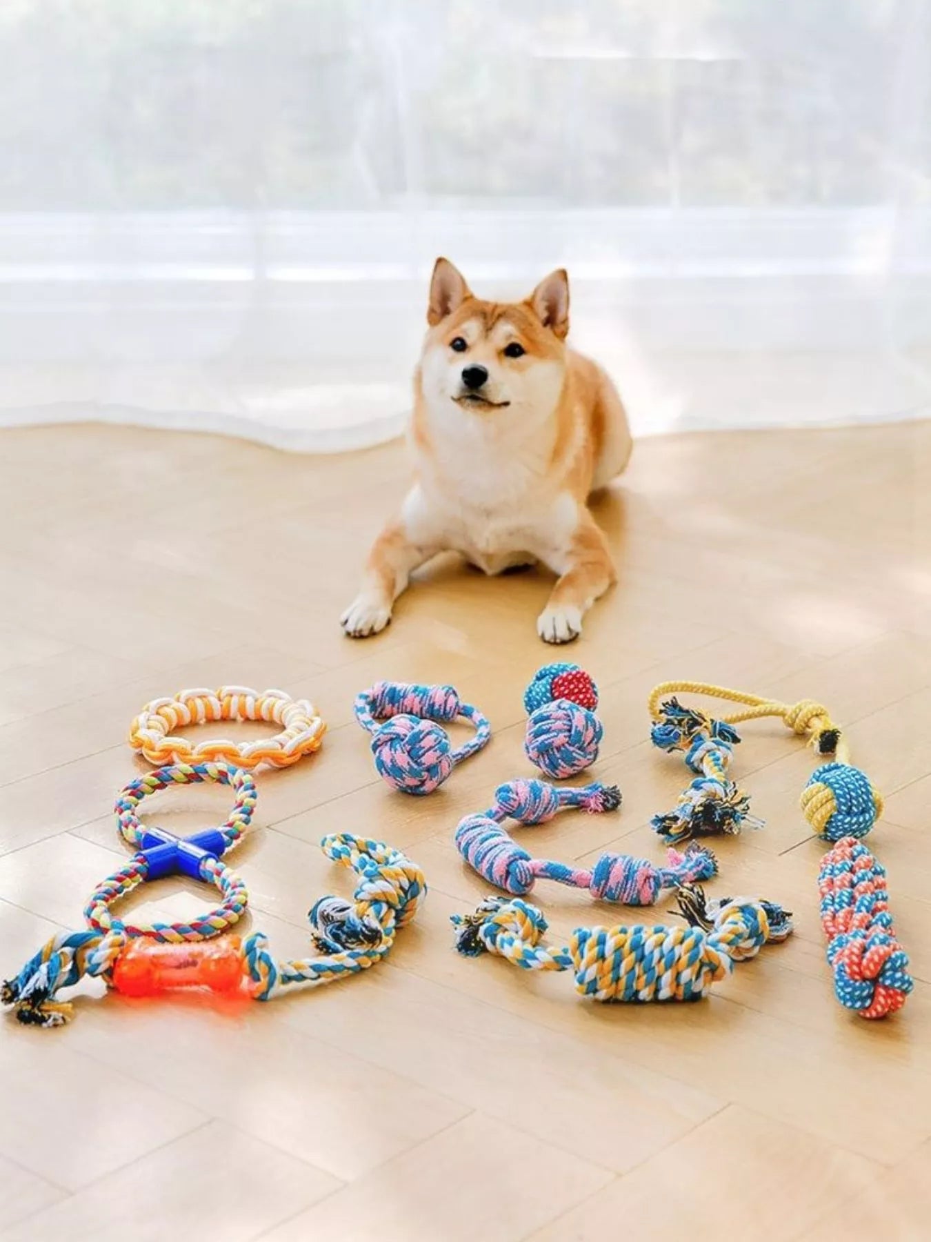 Interactive cotton rope knot tug and chew pet toy for dogs and cats