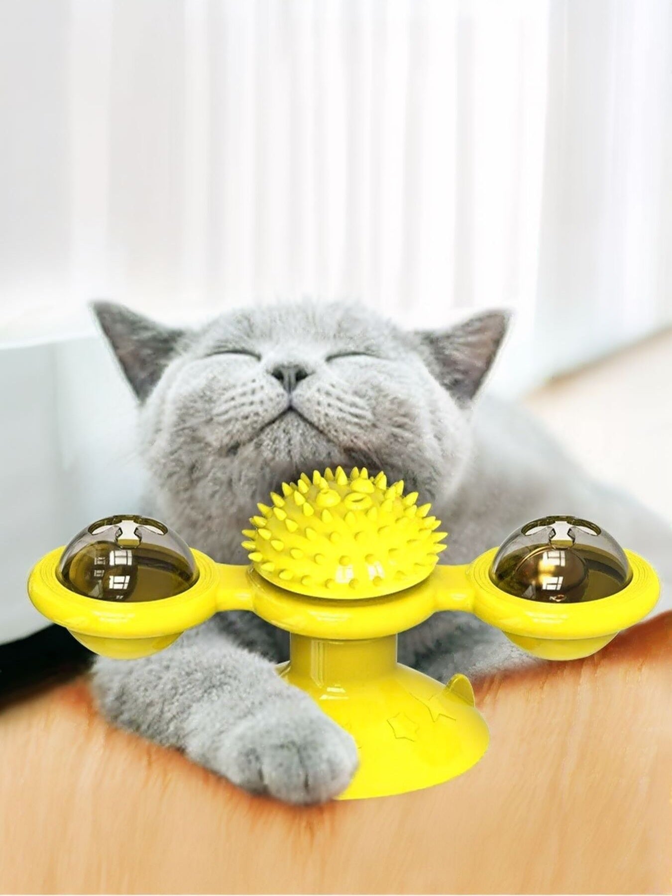 Interactive rotating TPR cat toy set with suction cup, spinning teaser for cats