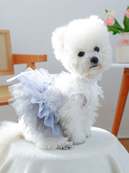 Lace tutu layered pet dress with bow, polyester party dress for dogs and cats