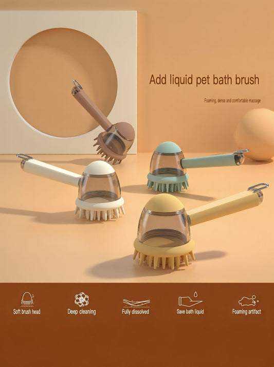 Liquid-dispensing pet bath brush for dogs and cats