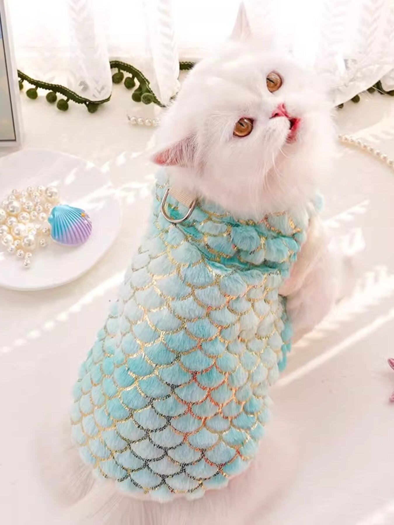 Mermaid scale plush pet top, fantasy-inspired costume shirt for dogs and cats