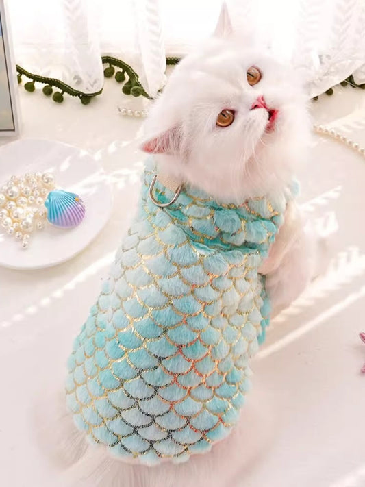 Mermaid scale plush pet top, fantasy-inspired costume shirt for dogs and cats
