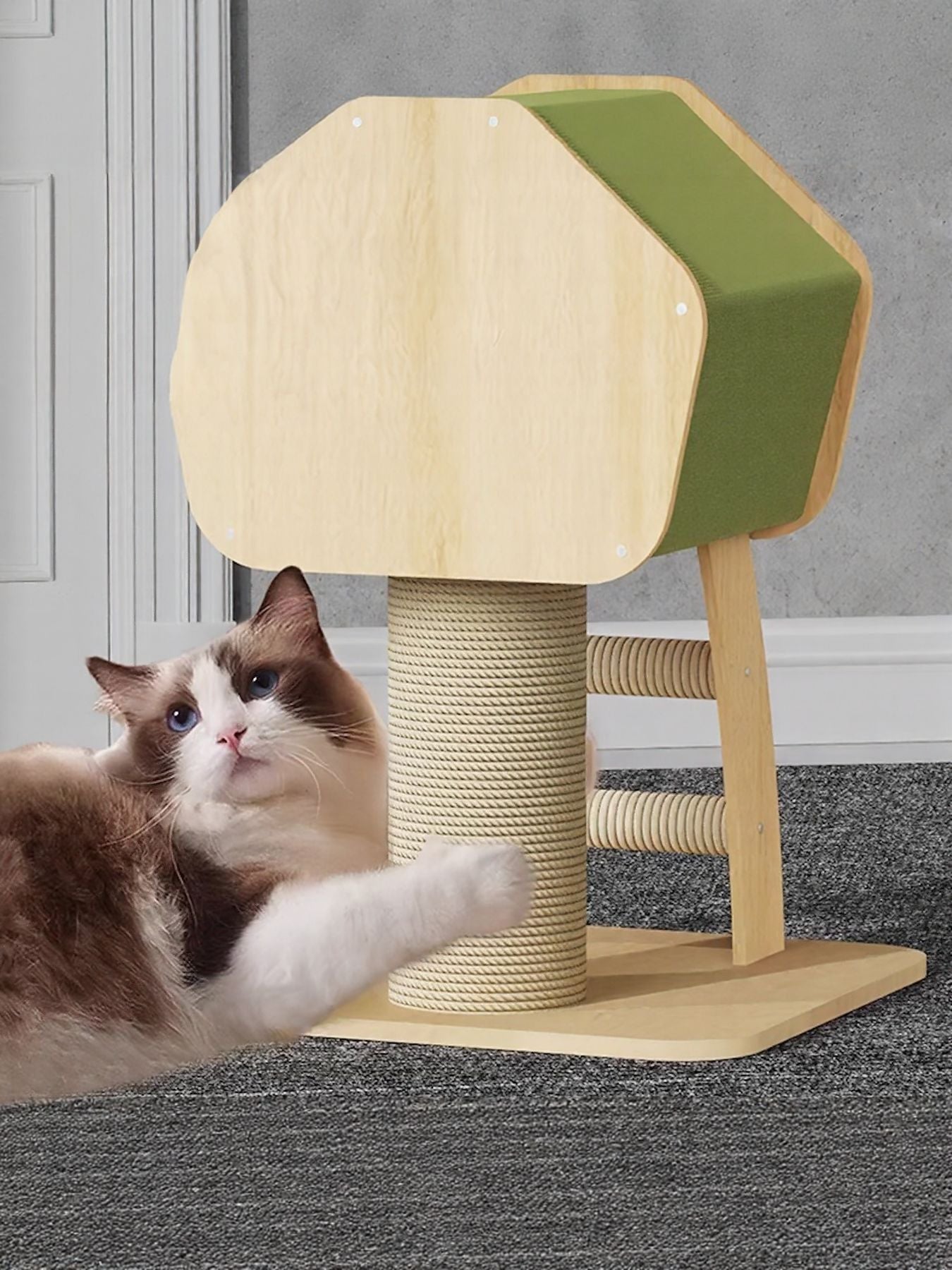 Modern Wooden Cat Condo with Sisal Scratching Post – Multi-Level Cat Tower – view 3