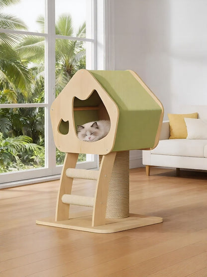 Modern wooden multi-level cat condo tower with sisal scratching post for cats