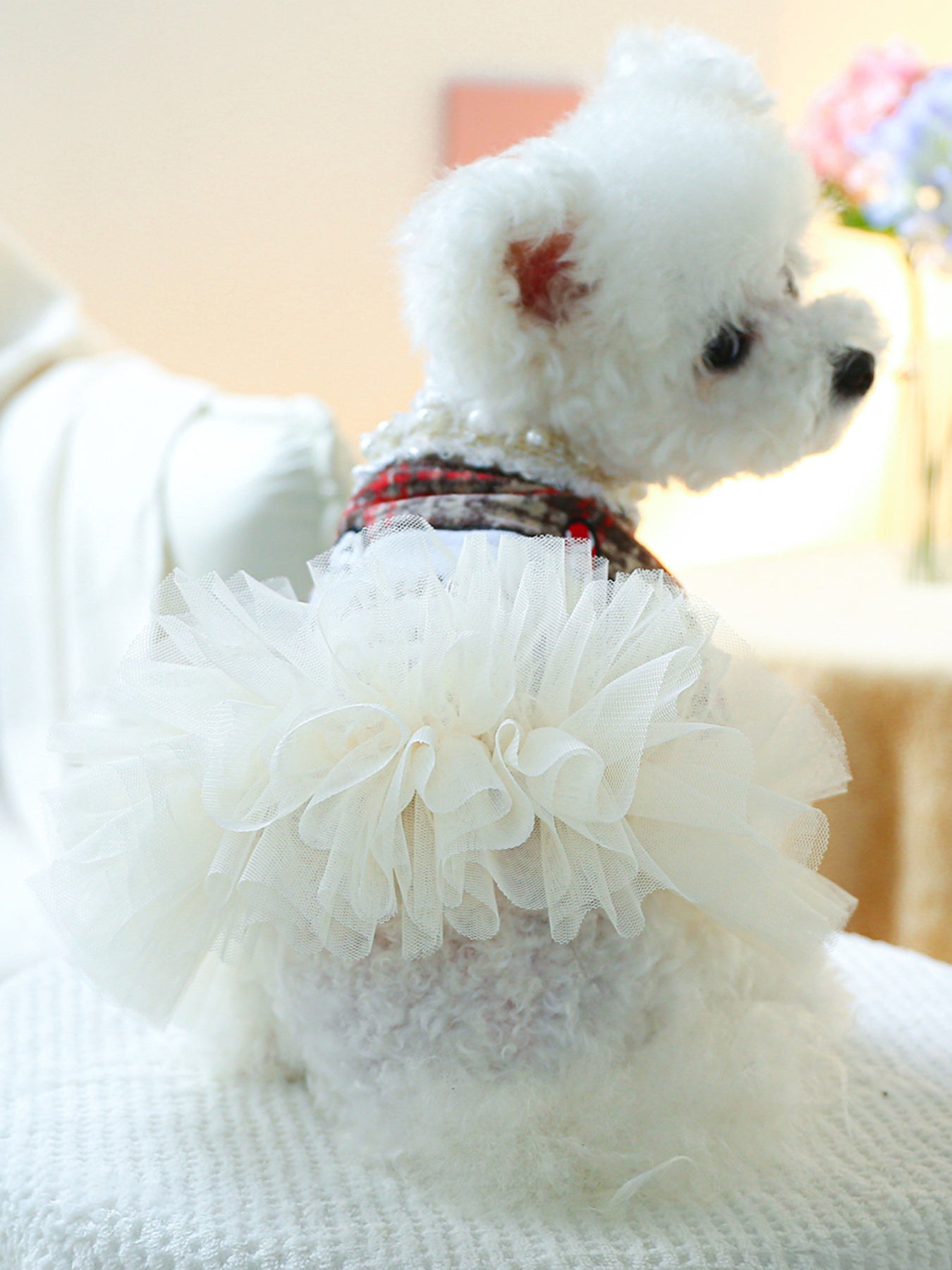 Pearl Collar Ruffled Lace Pet Dress – Elegant Polyester Dress for Dogs & Cats – view 3