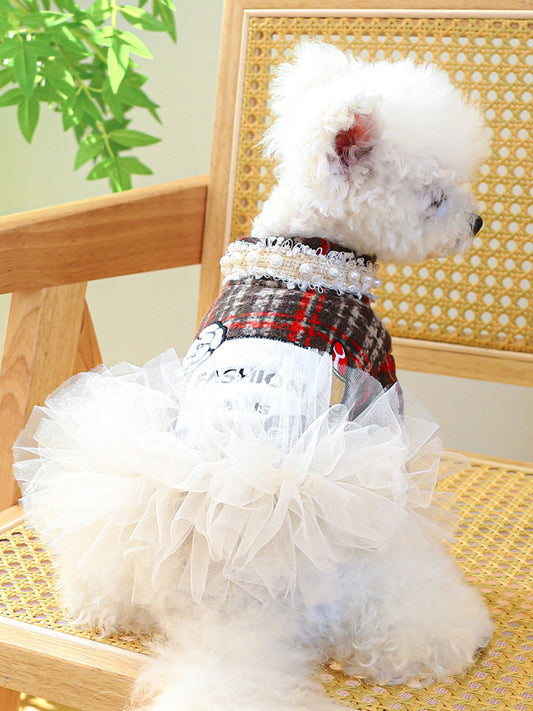 Pearl-collar ruffled lace pet dress, elegant polyester party dress for dogs and cats