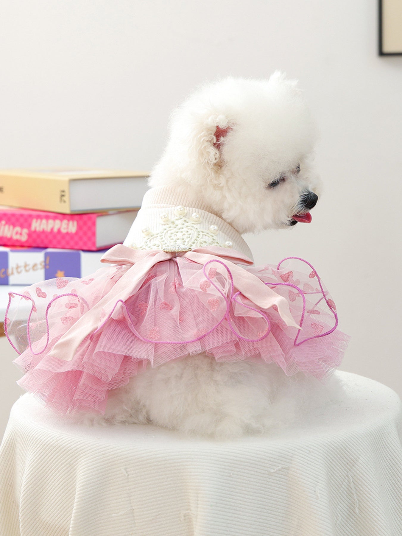 Pearl-Embellished Lace Ruffle Pet Dress – Elegant Polyester Dress for Dogs & Cats – view 2