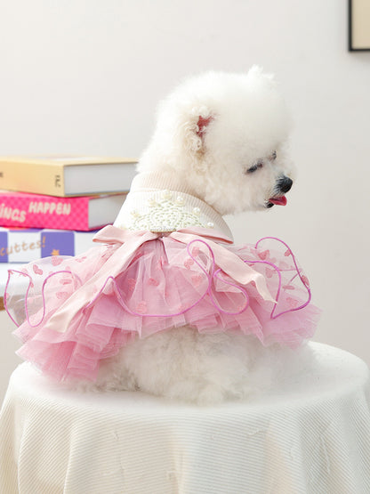 Pearl-Embellished Lace Ruffle Pet Dress – Elegant Polyester Dress for Dogs & Cats – view 2