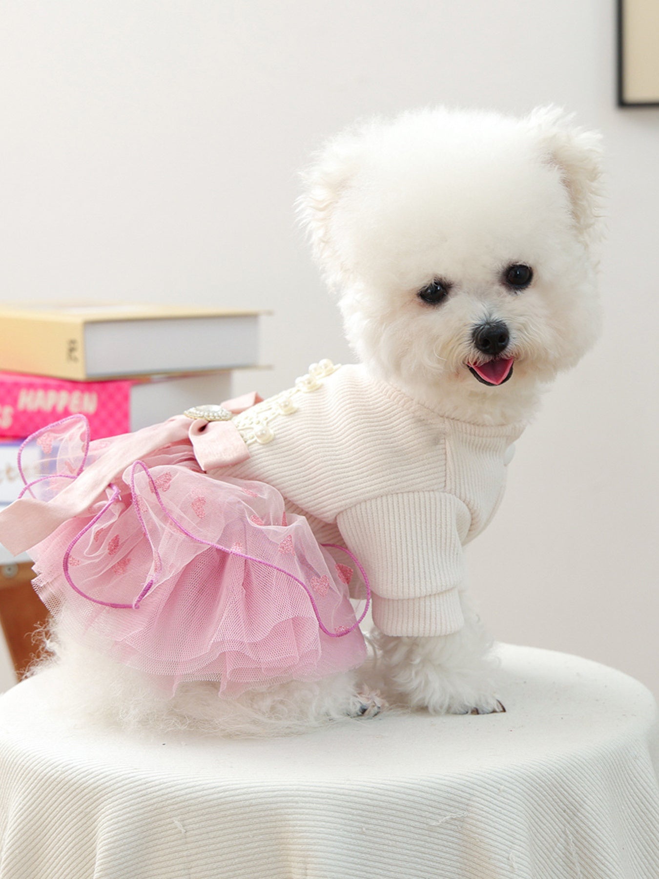 Pink pearl-embellished lace ruffle pet dress, elegant polyester dress for dogs and cats