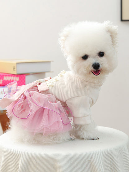 Pink pearl-embellished lace ruffle pet dress, elegant polyester dress for dogs and cats