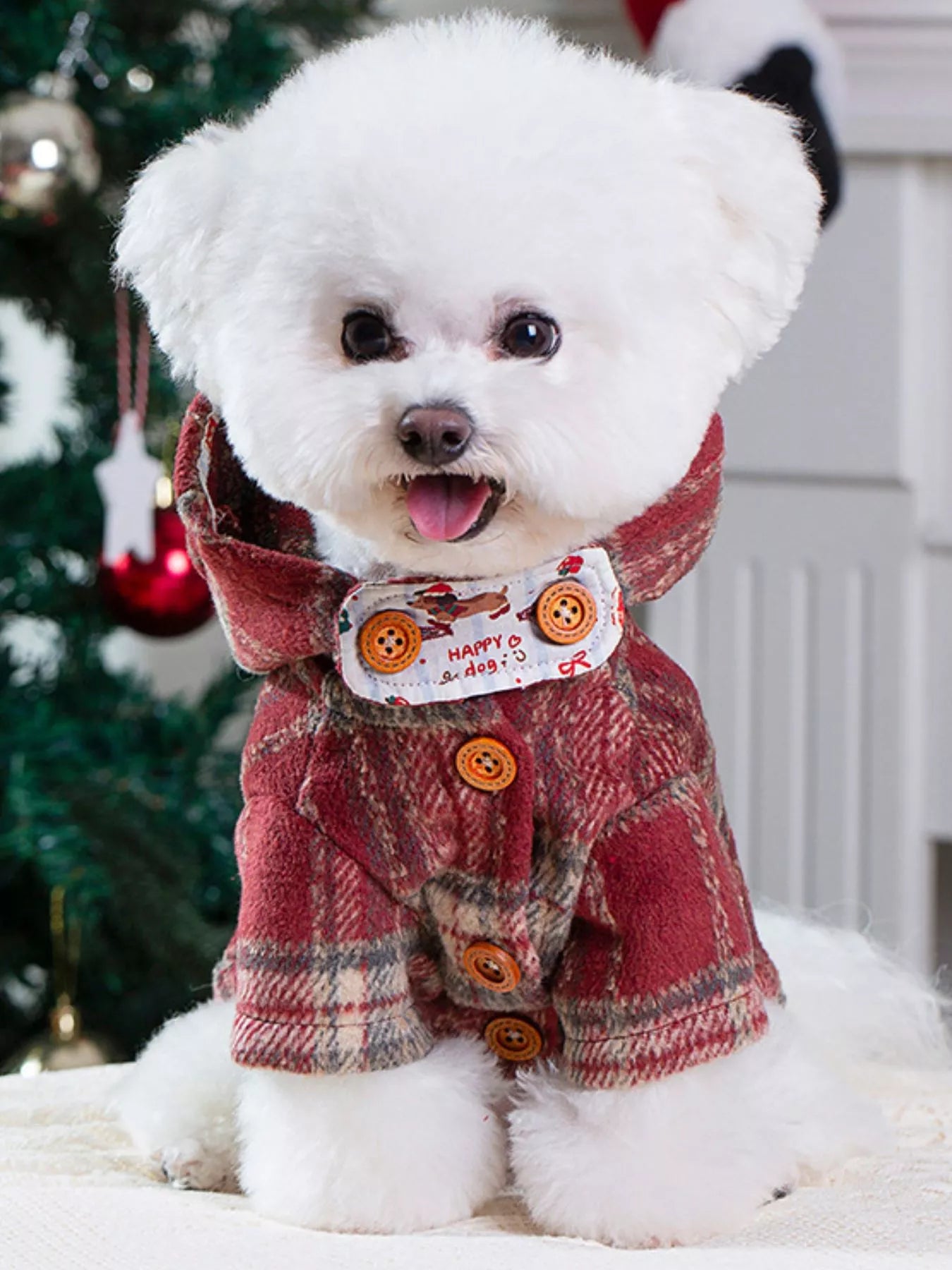 Deep red plaid hooded button-down pet coat with pockets, warm jacket for dogs and cats