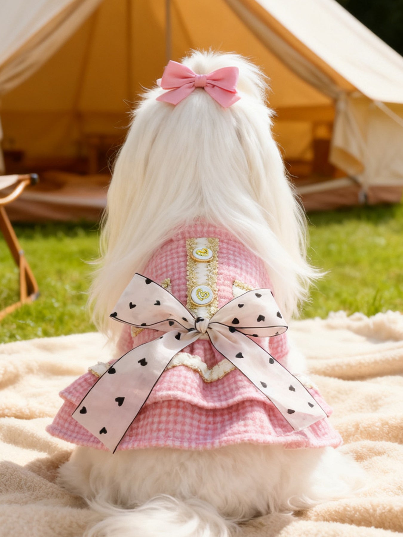 Plaid ruffle bow pet dress, preppy party dress for dogs and cats
