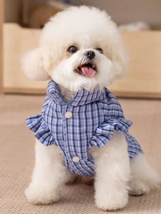 Plaid ruffle trim pet jacket, buttoned pocketed coat for dogs and cats