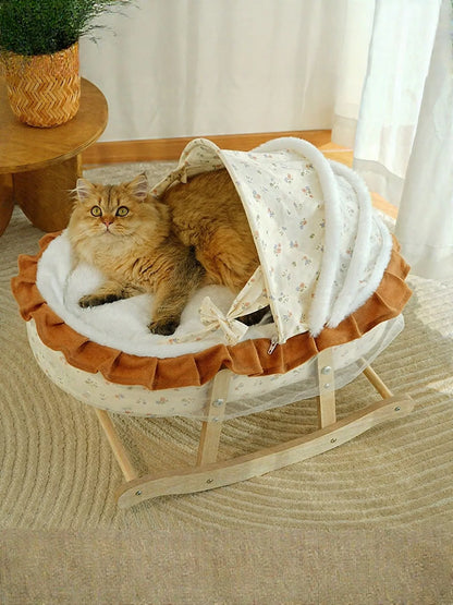 Rocking Wooden Pet Bed with Canopy – Foldable Semi-Enclosed Bed for Cats & Dogs – view 2