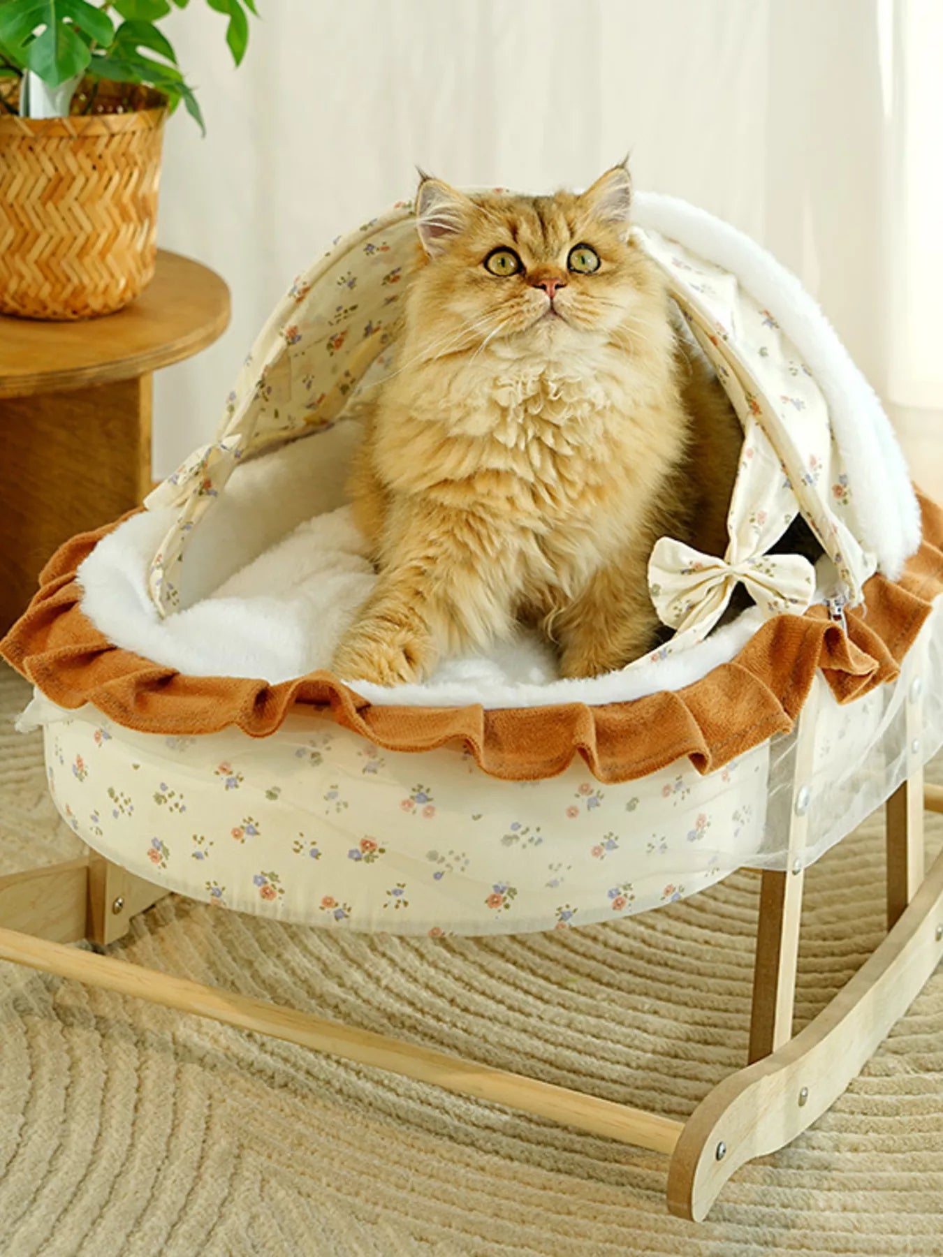 Rocking Wooden Pet Bed with Canopy – Foldable Semi-Enclosed Bed for Cats & Dogs – view 3