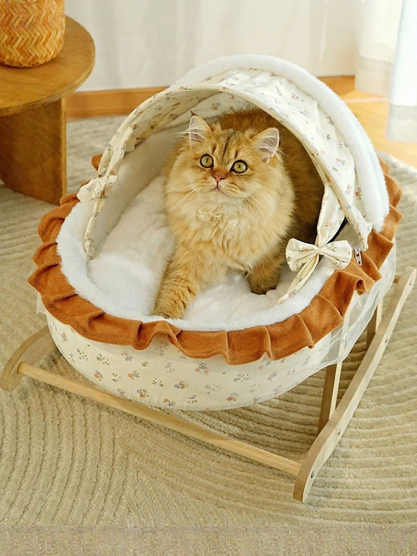 Rocking wooden pet bed with canopy, foldable semi-enclosed bed for cats and dogs
