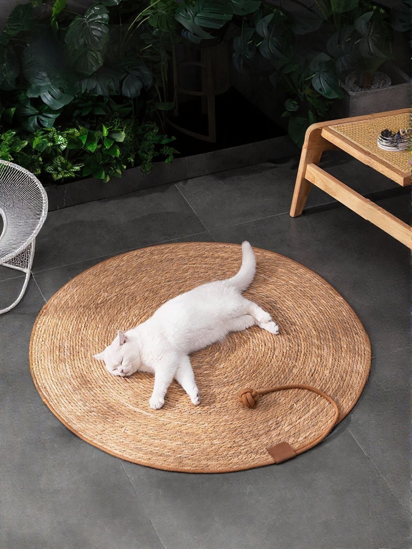 Round braided natural fiber pet mat for dogs and cats