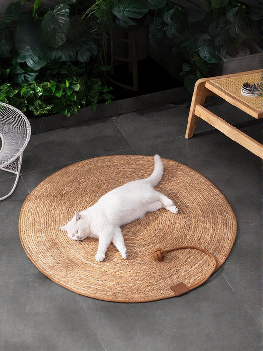 Round braided natural fiber pet mat for dogs and cats