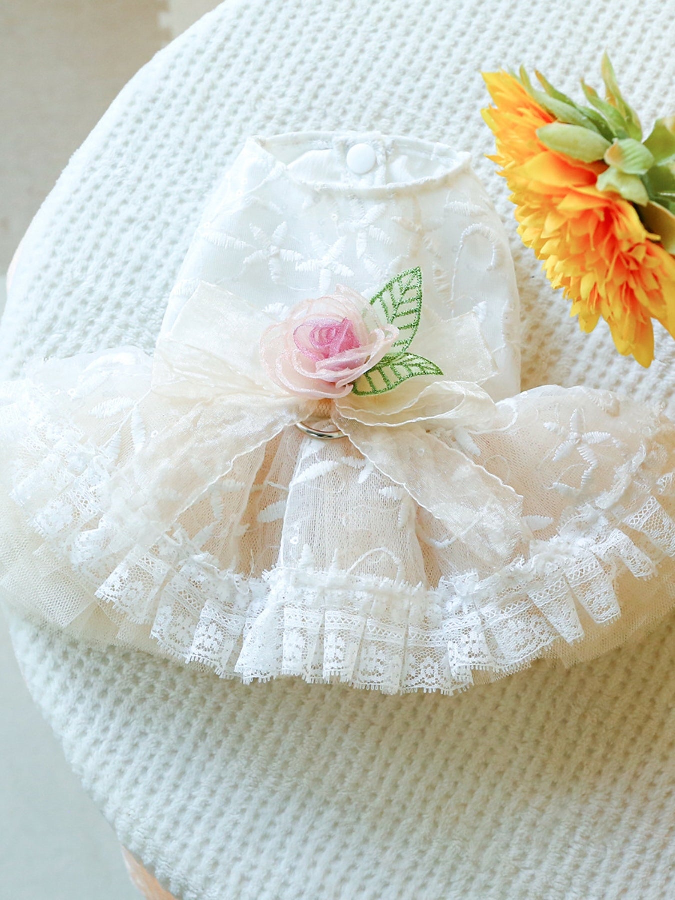 Ruffled Lace Pet Dress – Embroidered Bow-Detail Dress for Dogs & Cats – view 5