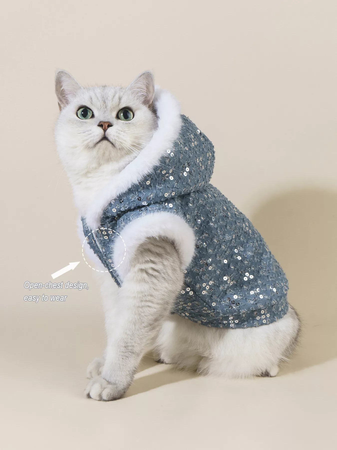 Sequin Pet Coat with Faux Fur Trim – Glamorous Button-Up Dog & Cat Jacket – view 3