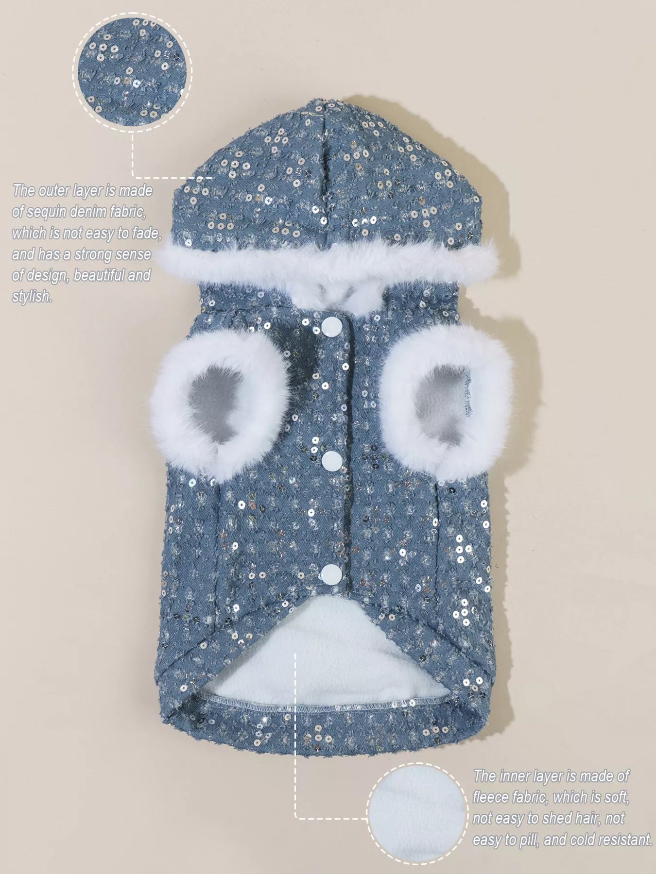 Sequin Pet Coat with Faux Fur Trim – Glamorous Button-Up Dog & Cat Jacket – view 5