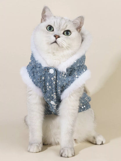Sequin pet coat with faux fur trim, glamorous button-up jacket for dogs and cats