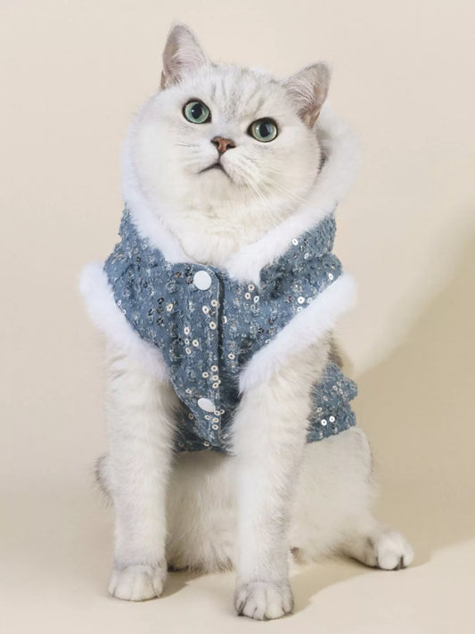 Sequin pet coat with faux fur trim, glamorous button-up jacket for dogs and cats