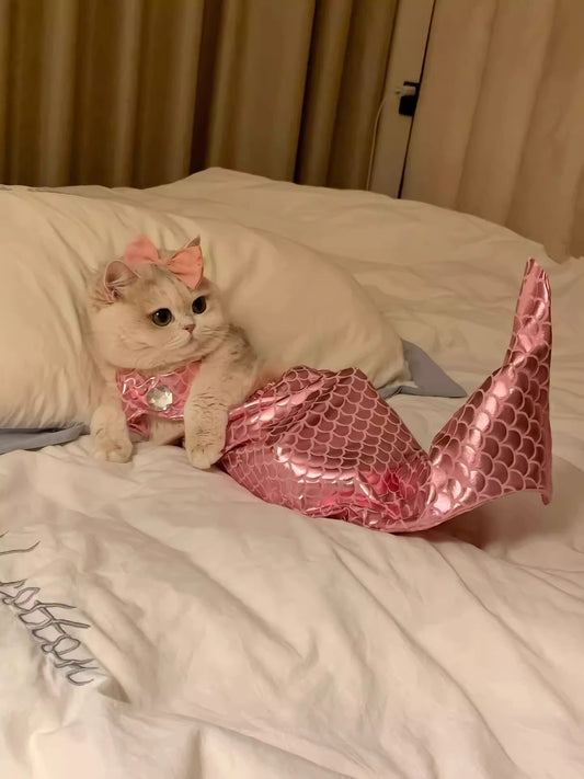 Shiny mermaid pet costume dress, two-piece bow dress set for dogs and cats
