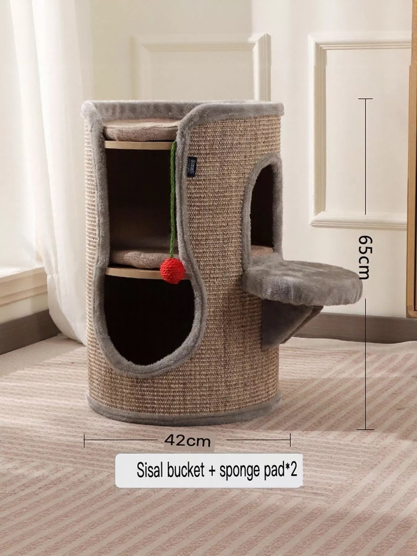 Sisal-Covered Cylinder Cat Tree Condo with Plush Perch – view 2