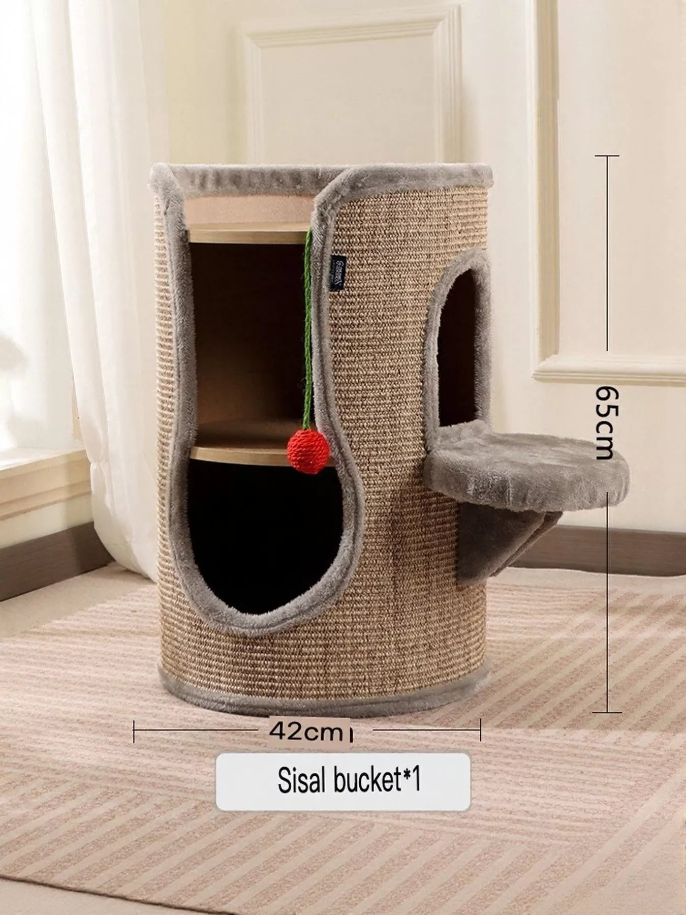 Sisal-covered cylinder cat tree condo with plush perch for cats