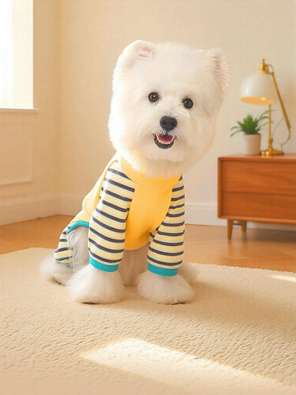 Striped drawstring pet jumpsuit, comfortable one-piece outfit for dogs and cats