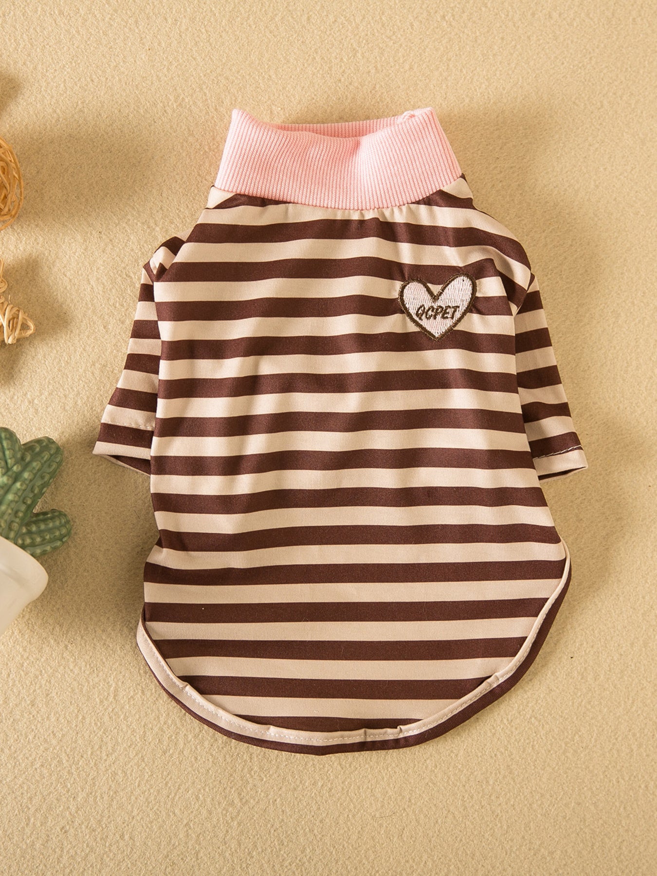 Brown striped pet t-shirt with heart patch, soft stretch polyester top for dogs and cats